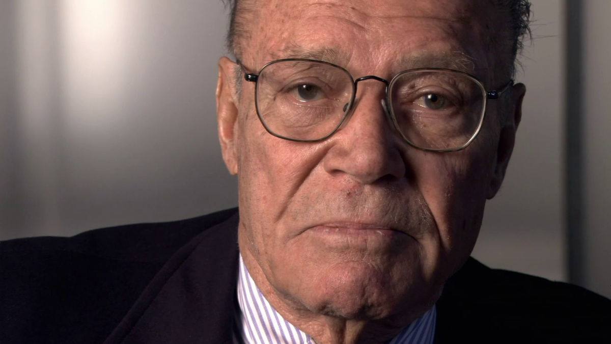 Robert McNamara looking down the barrel of the lens in Errol Morris's The Fog of War
